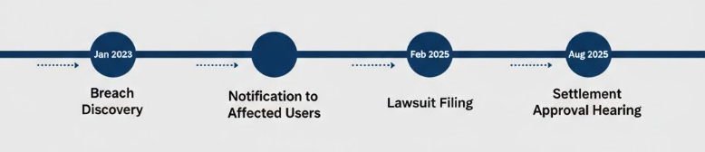 Timeline chart showing key dates in the Imagine360 data breach and settlement process